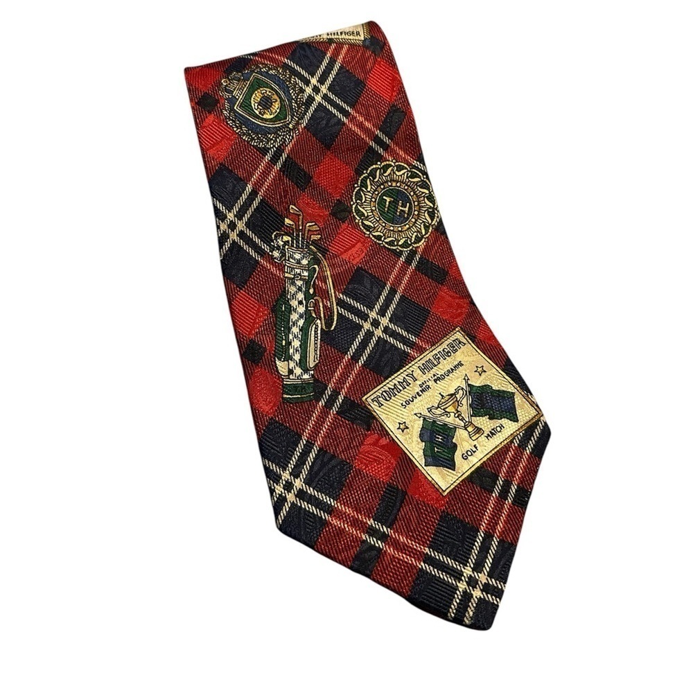 Tommy Hilfiger Tie Wide Red Navy Plaid Golf 56” x 4”